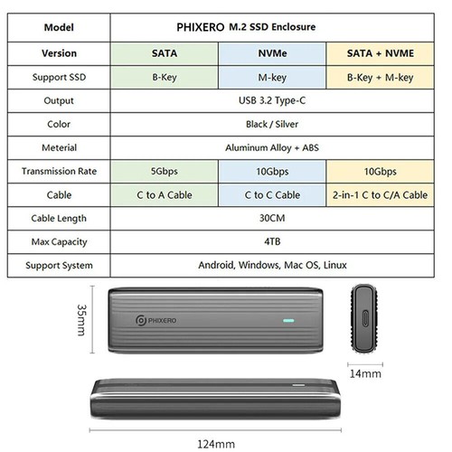 PHIXERO M.2 NVMe USB C 3.2 GEN 2 Adapter Externes SSD Gehäuse Case M / M+B Key - Afbeelding 2 van 10