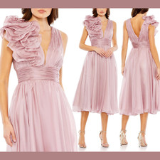 NWT $398 Mac Duggal [ 6 ] Sleeveless Chiffon A Line Tea Length Dress Rose G1729