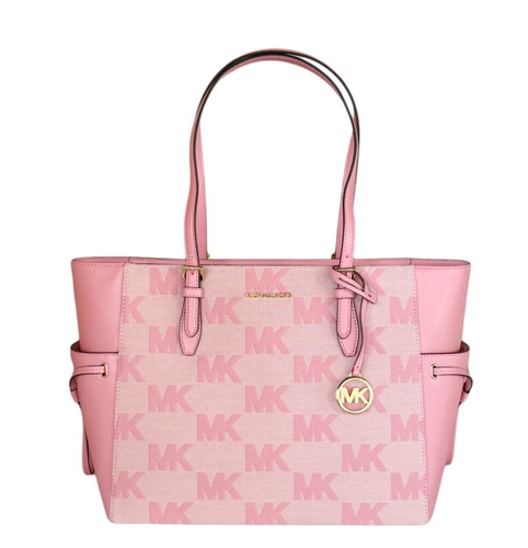 MICHAEL KORS GILLY LG DRAWSTRING TOTE SHOULDER BAG MK GRAPHIC LOGO CARNATION - Afbeelding 1 van 13