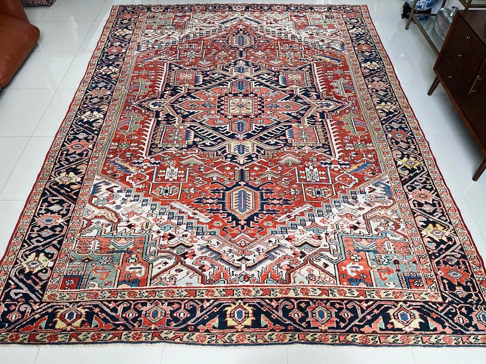 Excelente alfombra exquisita antigua Heriz anudada a mano 8’ 10” x 12’ 2” (INV2000) 9x12 Foto 2 de 4