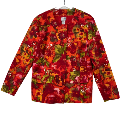 Chico's Blazer Jacke Knopfleiste orange rot geblümt komplett gefüttert US Größe L - Bild 1 von 12