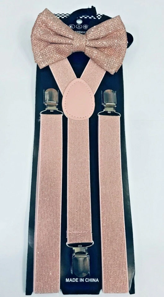 成人粉色玫瑰金铜闪光吊带 + 领结套装婚礼舞会领结 — 第 2/3 张图片