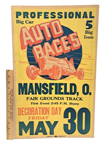 VTG Original 1941 BIG CAR Sprints Mansfield Ohio Poster Turner Printing VIDEO