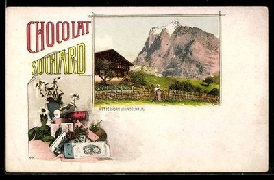 Postcard Advertising Chocolat Suchard, Stacked Chocolate Packs, Wetterhorn Grinde 