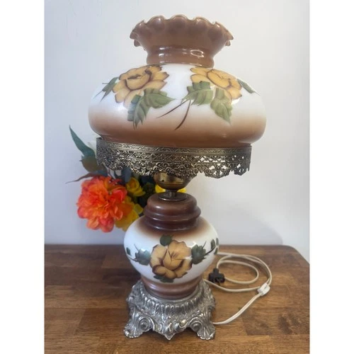 Vintage Hand Painted Milk Glass Electric Lamp Floral Hurricane Shade Table Lamp