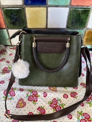 AIGUREI Ladies Dark Green Brown Faux Leather Small Shoulder Bag 23cm x 20cm - Picture 3 of 13