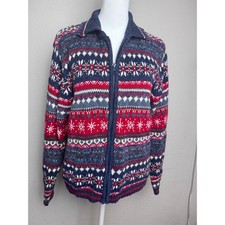 Tiara International Fair Isle Full Zip Sweater Navy Red Snowflake Knit Large