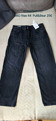 Pull&Bear Damen Jeans Straight Fit Regular Mid Rise Schwarz Gr. 44 L70cm
