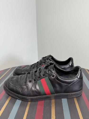 Authentic Gucci Black Leather Web Low Top Sneakers Size 42 - Picture 8 of 19