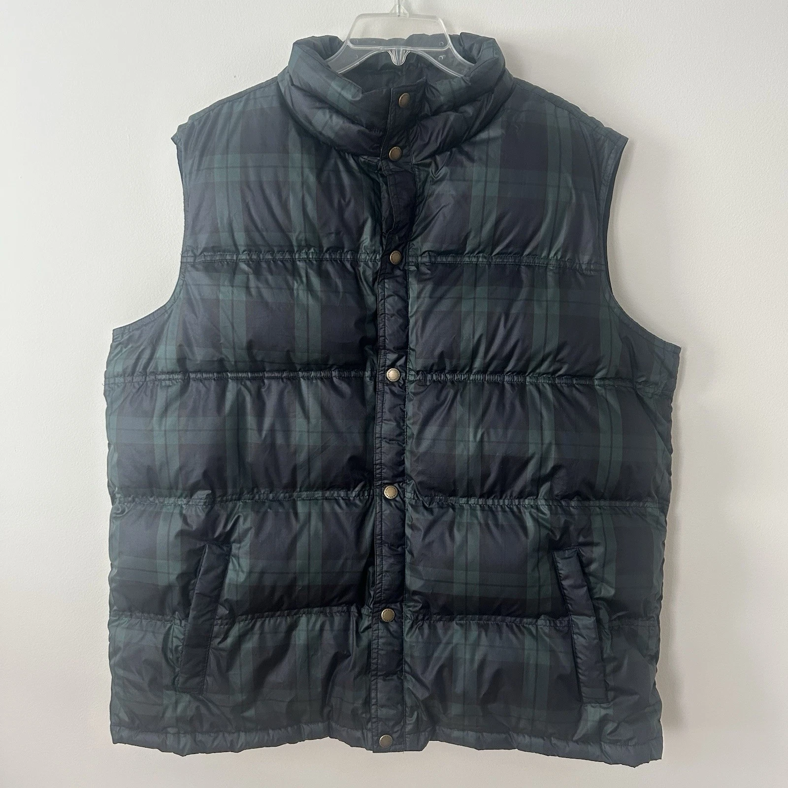 Lands End Down Puffer Vest Mens XL 46-48 Tartan Plaid Blue Green Snaps Pockets