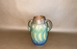 Roseville Pottery Antique 1933 Falline Double Handle Vase in Blue 643 6