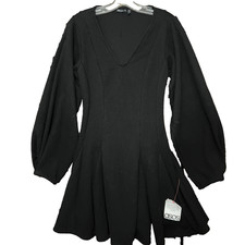 ASOS Pleated Short Black Dress -Long Balloon Sleeve - V Neck - Size 8- NWT