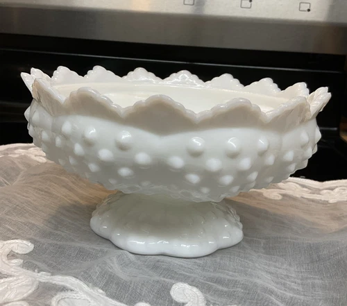 Vintage Fenton Footed White Milk Glass Hobnail 6 Candle Holder Bowl Centerpiece