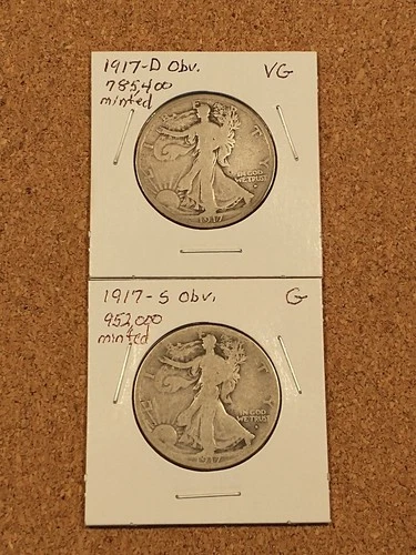 1917-D Obverse VG & 1917-S Obverse G Liberty Walking Half Dollars, Undamaged