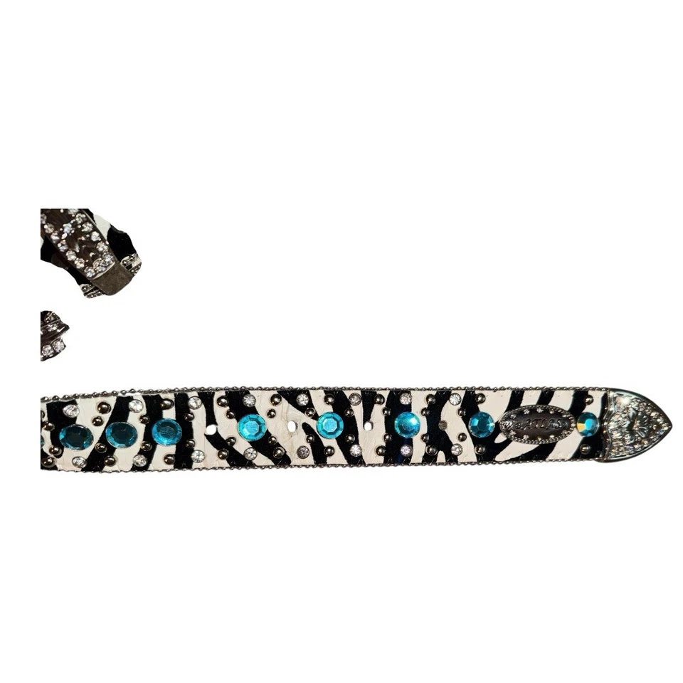 Cinturón ATLAS Western Rodeo Damas Adornado Azul Cielo Piedras/Impresión Cebra CueroL Foto 3 de 4