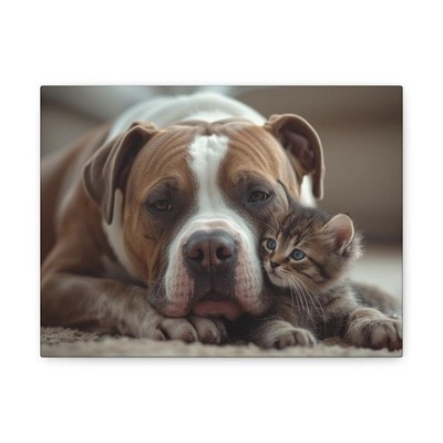 Pit Bull Dog and Kitten Cuddling Matte Canvas Wall Art, Cute Animal Decor