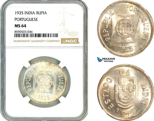 AL842, India (Portuguese), 1 Rupia 1935, Lisbon Mint, Silver, NGC MS64