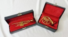 Mini Brass French Horn  Trombone Set w Display Cases Instrument Figurines China