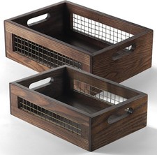 Set of 2 Wooden Countertop Baskets with Sturdy Wire Mesh  Handles