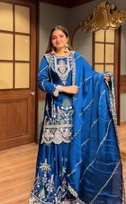 Party Wear Designer Chinnon Silk Kurta Palazzo With Dupatta For Women