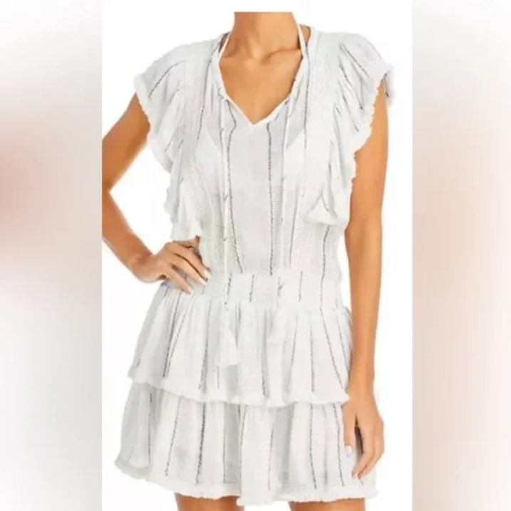 Surf Gypsy Dress Coverup Women M White Ruffle Tiered Mini Fringe Tassel Coastal