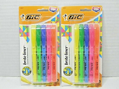 2 Packs BIC  Brite Liner Chisel Tip Highlighter 5 Colors. 10 Highlighters Total