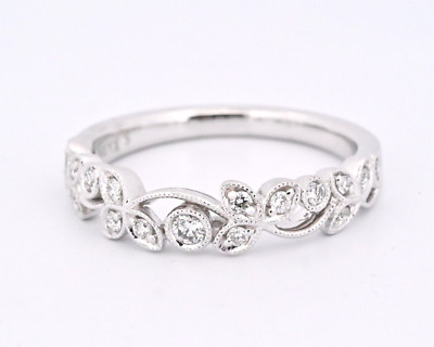 S.Kashi 14K White Gold 0.22 ct Diamonds Leaf Migraine Filigree Vine Ring Band