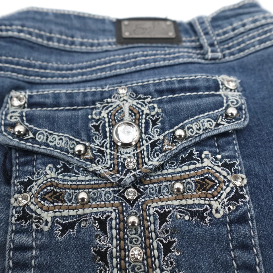 Earl Jean Denim Skirt Womens 12 Petite Blue Short Embroidered Embellished Stud Foto 4 de 4