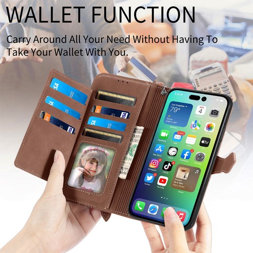 For iPhone 16e 2025/16 Pro Max/15/14 Leather Zipper Wallet Stand Case with Strap - Picture 21 of 47