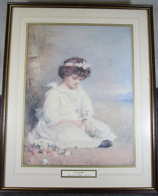 Schöner gerahmter Vintage John Everett Millais Druck Darling Blue, Mädchen mit Blumen