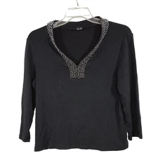Rafaella Beaded V-Neck Ribbed Knit Top Women Size XL Black Long Sleeve FLAW  