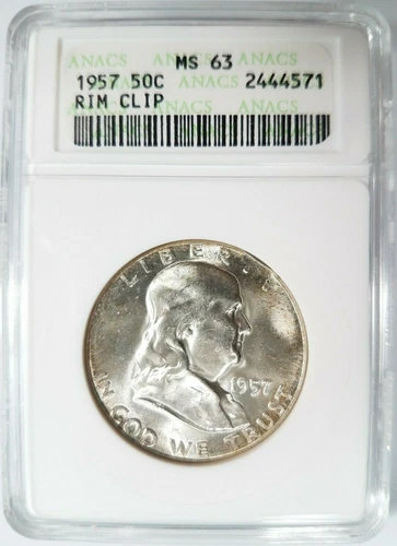 1957 Franklin Silver Half Dollar ANACS MS 63 Curved Rim Clip Mint Error Clipped