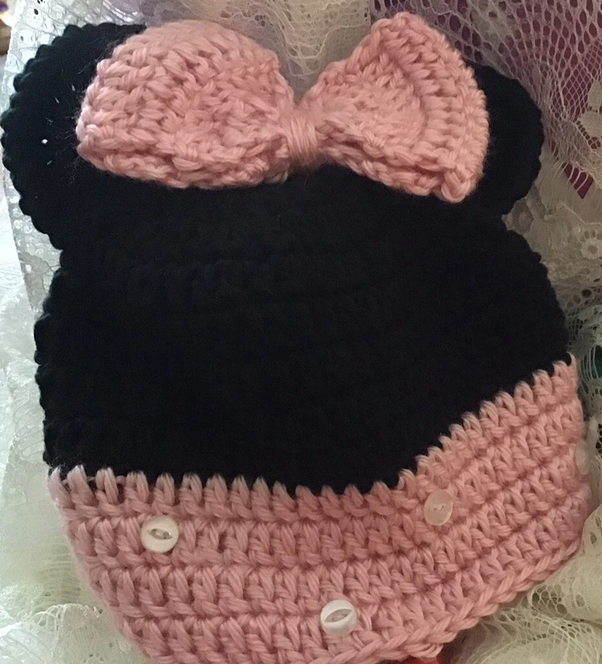 Pink& Black Mickey Mouse Handmade Crochet Hat & Booties, Size 6-9 Month - Image 3 of 4