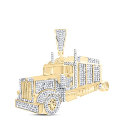 10K Yellow Gold Diamond Mens Big Rig 18 Wheeler Pendant Semi Truck Charm 1.75 CT