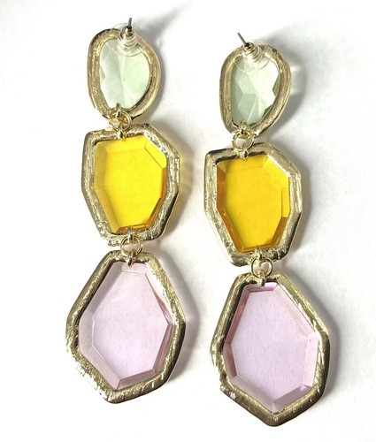 Fruit Salad Earrings Pierced Acrylic Dangle Gold Tone Long Statement Beveled - Picture 7 of 9