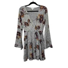 Abound Mini Flare Dress Floral Faux Wrap Bell Sleeve V-Neck Stretch Gray Small