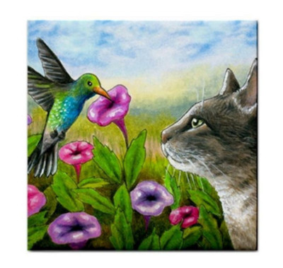 Cat 591 Bird Hummingbird Large Ceramic Tile 6x6 Printed USA art LDumas