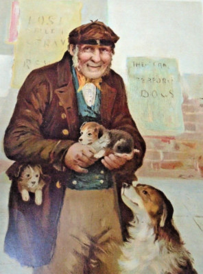 KITSCH VIKTORIANISCHE CHROMOLITHOGRAPHIE HUND FANCIER MIT COLLIE / WELPEN WELPE