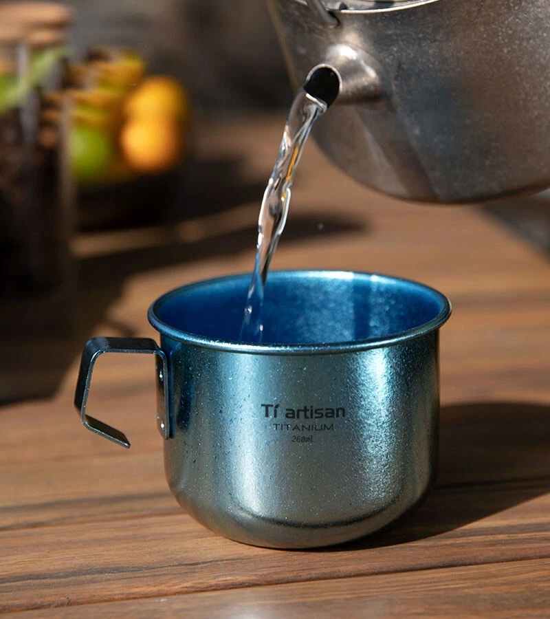 Taza de café de té de titanio puro 260 ml taza de viaje de pared única al aire libre con mango Foto 3 de 4