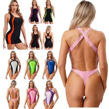 Womens Contrast Color One Piece Swimsuit Cross Straps High Cut Tank Leotards