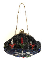 Antique Brass Filigree Frame w/ Shiny Floral Black, Midnight Blue Beaded Purse