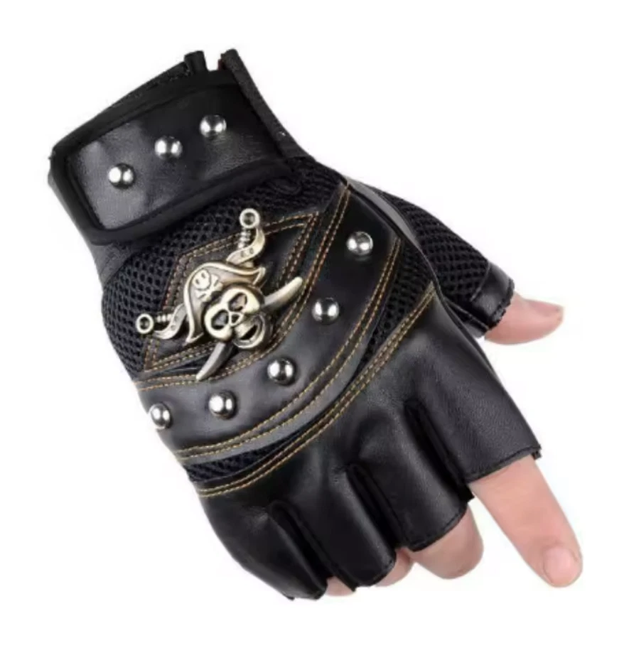 Pirate Skull Rivet Gloves  Rocker Half Finger Motorcycle Driving Caribbean (#40) - Image 2 of 4