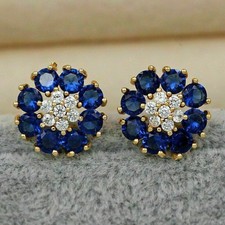 2.50Ct Lab-Created Sapphire Diamond Flower Stud Earrings 14K Yellow Gold Finish