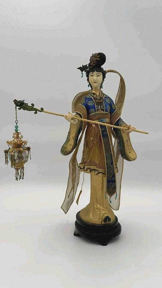 Vintage Chinese Cloisonné Gilt Filigree Lady Lantern Figure Leizu Style 10.25" - Image 3 of 4
