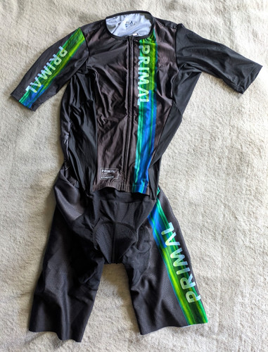 PRIMAL Etheros Cycling Skin Suit Padded One Piece Mens M Green Blue Black Race