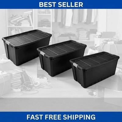 3 Pack 50 Gallon XL Storage Containers Stackable Plastic Totes Latch Lid Black