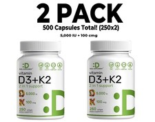 Vitamin D3 K2, 2 PACK, 5000 IU and 100 mcg, 250 softgels, 2 in 1 Complex