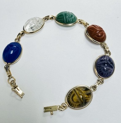 14K massives Gelbgold geschnitzter Multi Edelstein SCARAB ägyptischer Käfer Armband 7''