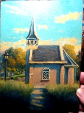 Church In The Landscape Oil Painting. 6x8 Inch Oil On Panel