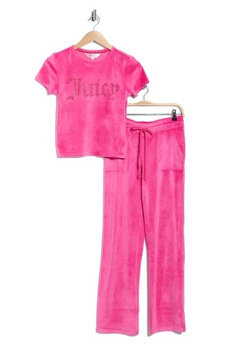 Juicy Couture Pink Velour Bling Logo 2 pc Lounge Set Top Pants Medium
